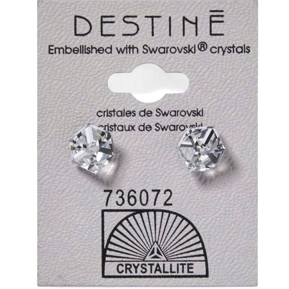 Crystallite Destine Silver Crystal Clear Cube 6 mm Earrings - Picture 1 of 2